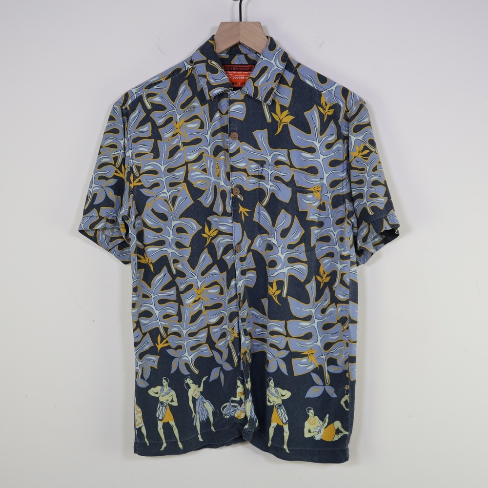 Vintage 90s Bugle Boy Authentics Hawaiian Rayon Shirt Medium Hula Tropical Blue